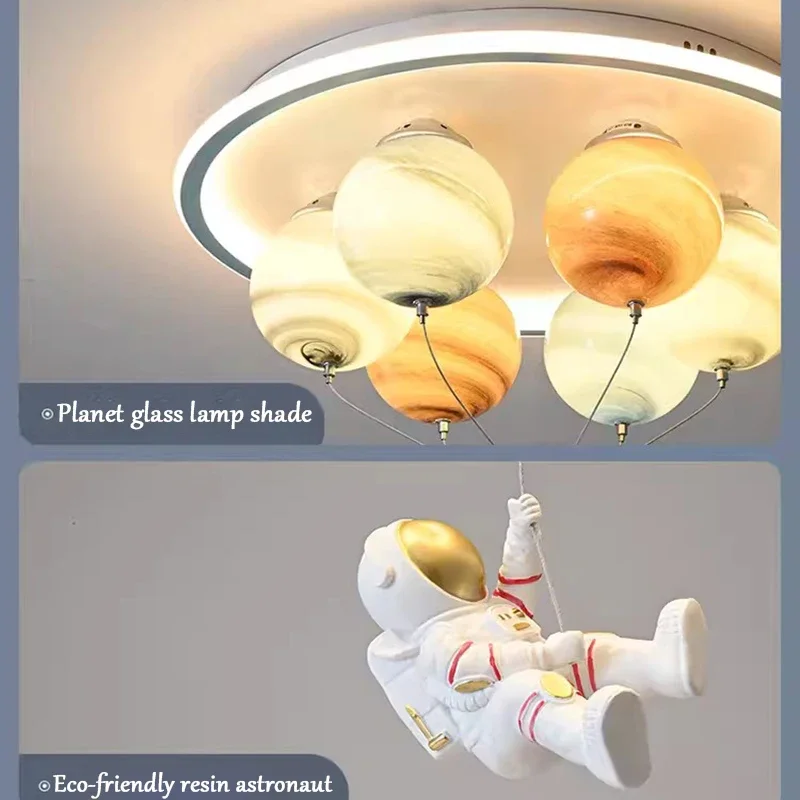 Modern Astronaut Led Ceiling Light with Creative Planet and Flying Spaceship Design for Kids\' Room Decor