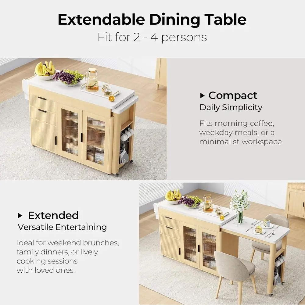 Oak Kitchen Island with Extendable Dining Table, Rolling Cart, Quartz Top, Storage, and Spice Rack