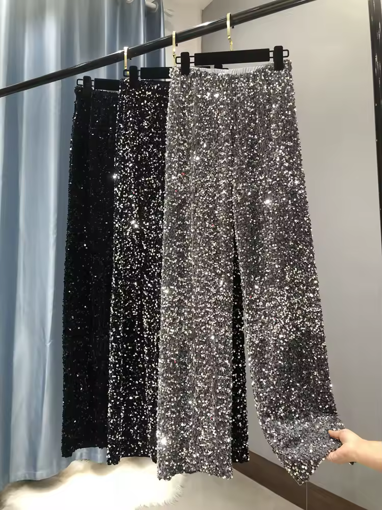 The New Women's Fashion Trendy Sparkling Gold Pants Relaxation of Tall Waist Wide-legged Pants Women's South Korean Style Products on AliExpress