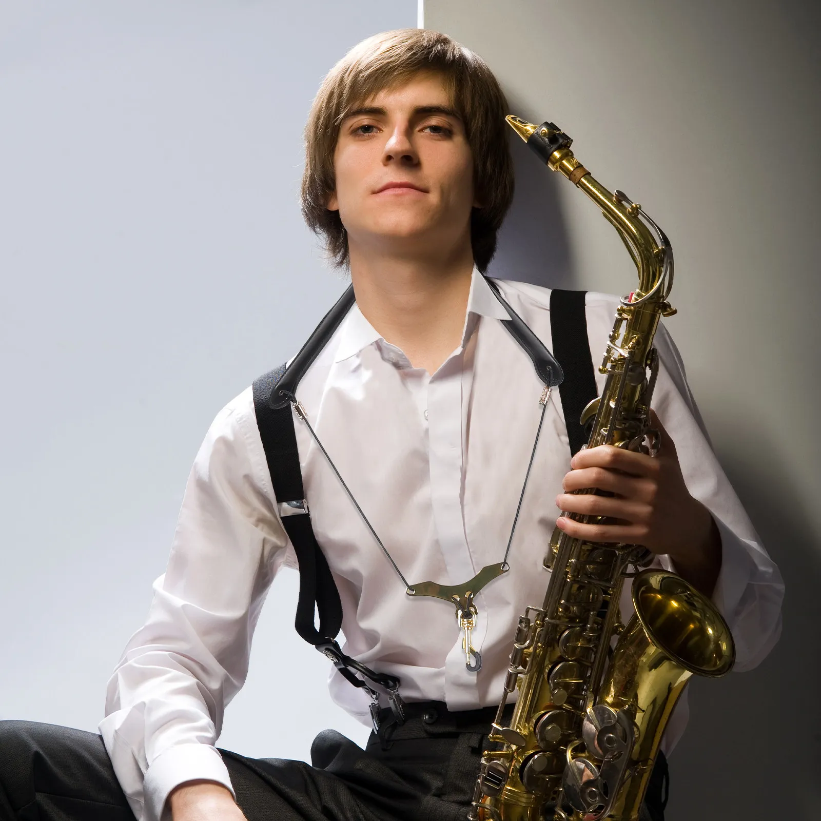 Saxophone Shoulder Harness Padded Adjustable Double Strap with Reinforced Metal Hook for Comfortable Practice Performance Black