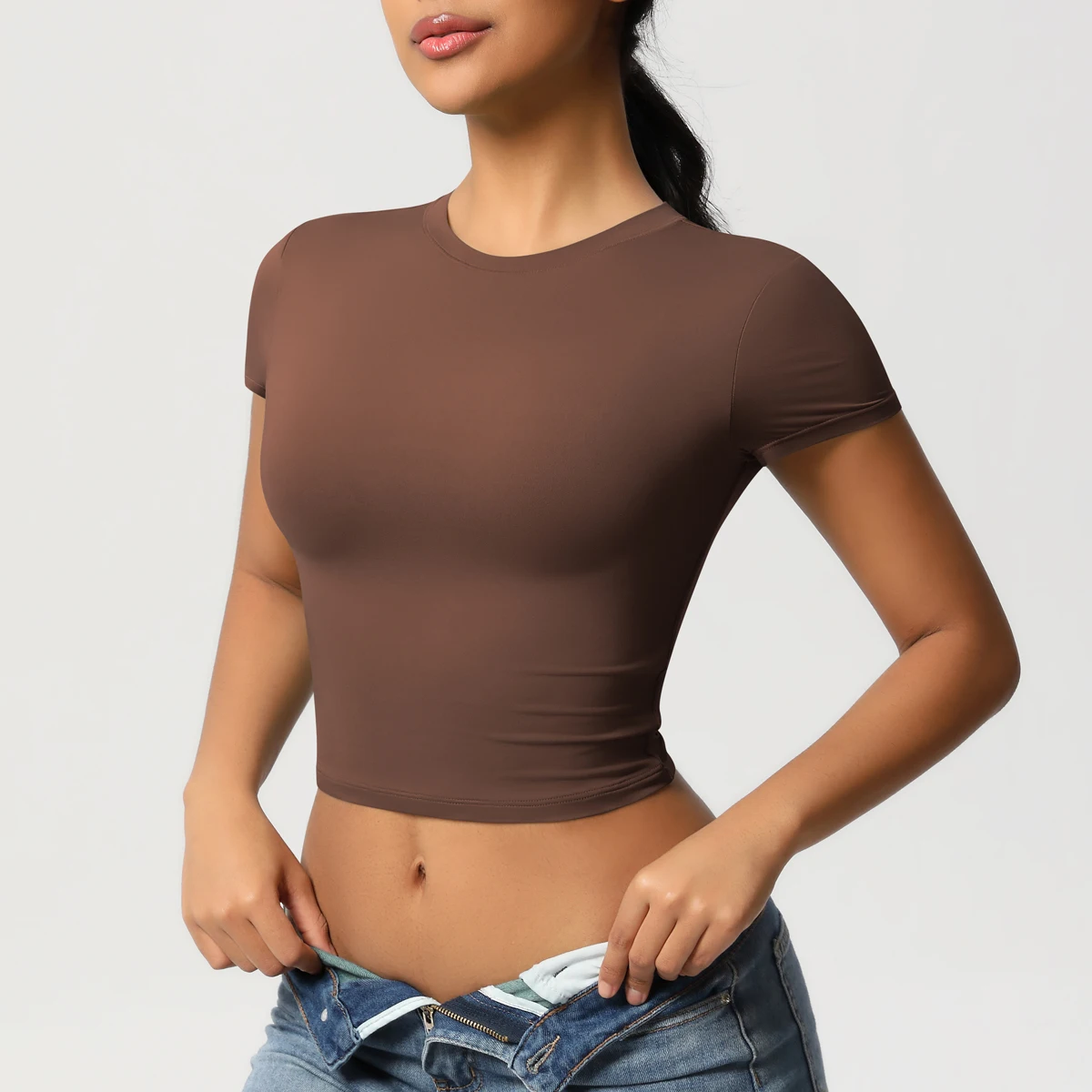 Frauen Sport Shirt Kurzarm Gym Top Workout Kleidung Hohe Elastische Active Wear Femme Lauf Zubehör Fitness T-shirt – Detail 4