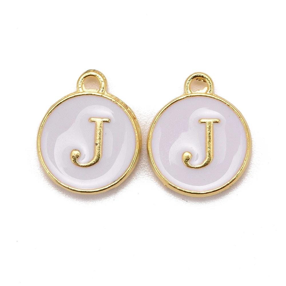 20 piezas de dijes de letras de aleación chapados en oro con esmalte, redondos y planos, con letra, para colgar en collares.