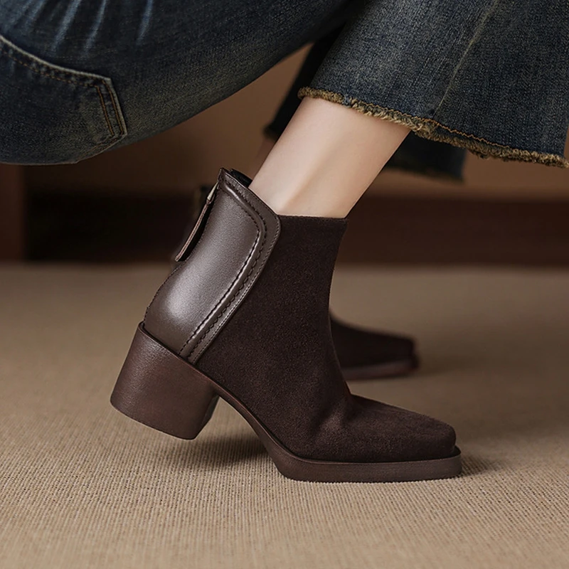 

Women's new genuine leather, cowhide, cow suede, round head zipper, high heels, plus size and calf Chelsea boots, fashion boots