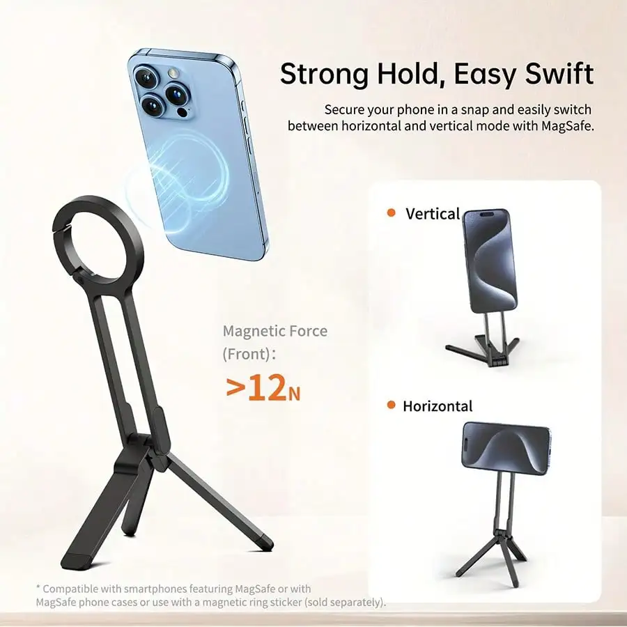 Alloy Metal Magnetic Phone Holder Tripod 360° Rotatable Foldable Car Desk Mount MagSafe Compatible With IPhone Android Navigation Live Stream Travel Mother's Day Gift view 4