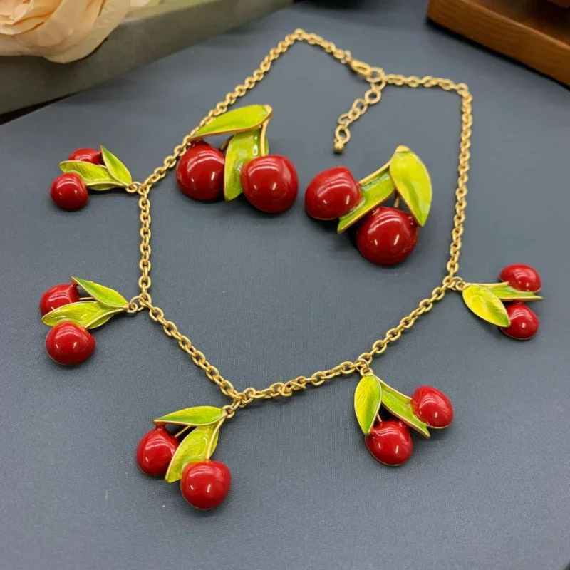 Vintage red cherry Dripping Oil Necklace Earrings Fresh and elegant girl jewelry