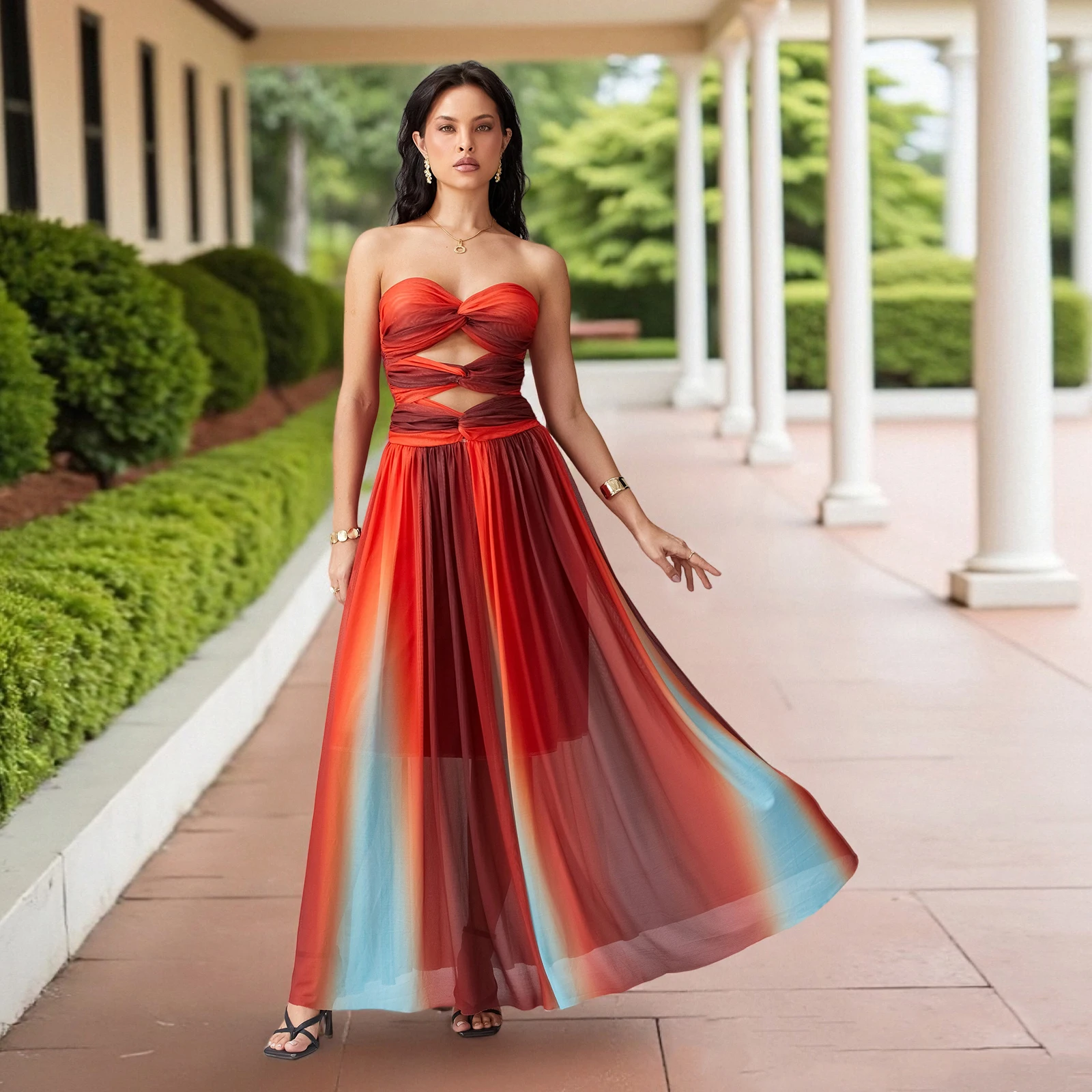 Damska Nowa Letnia Sukienka z Wąskimi Wzorami, Wycięciami, Odkrytymi Ramionami, Kontrastowymi Kolorami, Długa Spódnica Wakacyjna S-XL