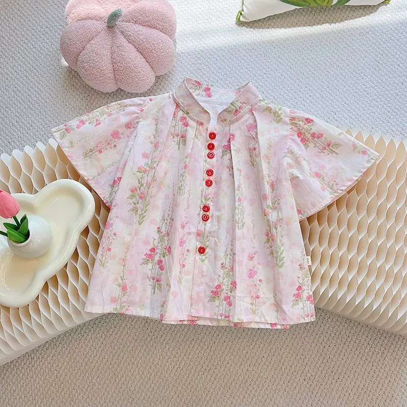 

Girls Kids Summer Blouse 2026 New Short Sleeve Top Chinese Style Cute Doll Collar Shirt for Baby Toddler Fashion​