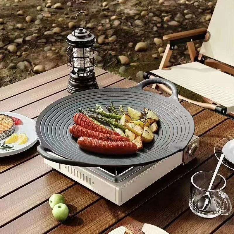 Outdoor Camping Gusseisen Topf Outdoor Grillpfanne Große Bratpfanne Teppanyaki mit Griff Bratgrill