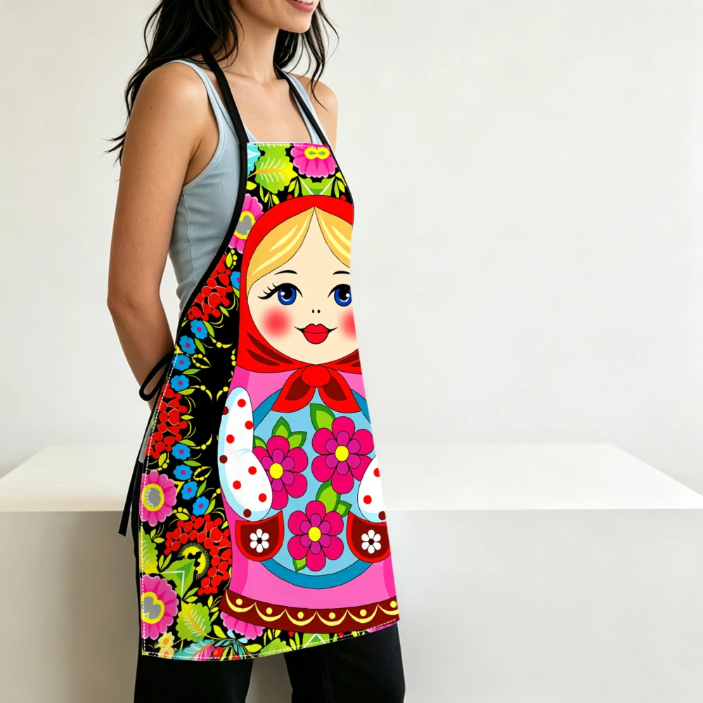 ‌Colorful  Vintage Matryoshka Floral Kitchen Apron, Russian Folk Art Cooking Bib‌ Adjustable Neck Strap for Baking‌