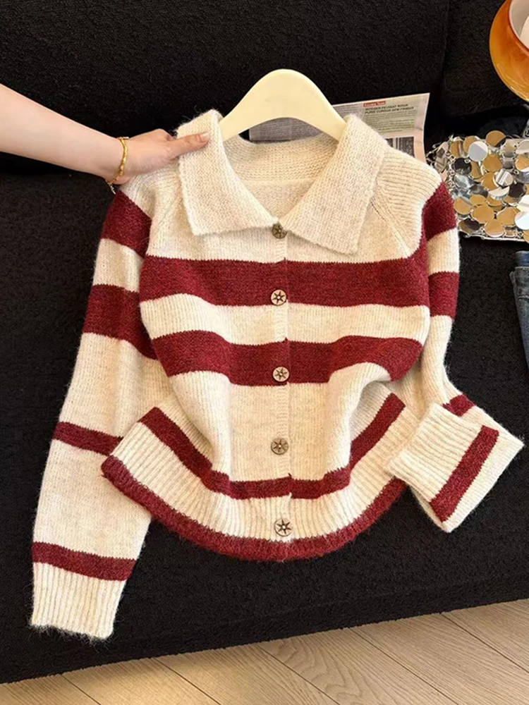 

Женский вязаный свитер с длинным рукавом, в полоску, с воротником, базовая модель, весна 2026, модный, универсальный, стройнящий топ для прогулок