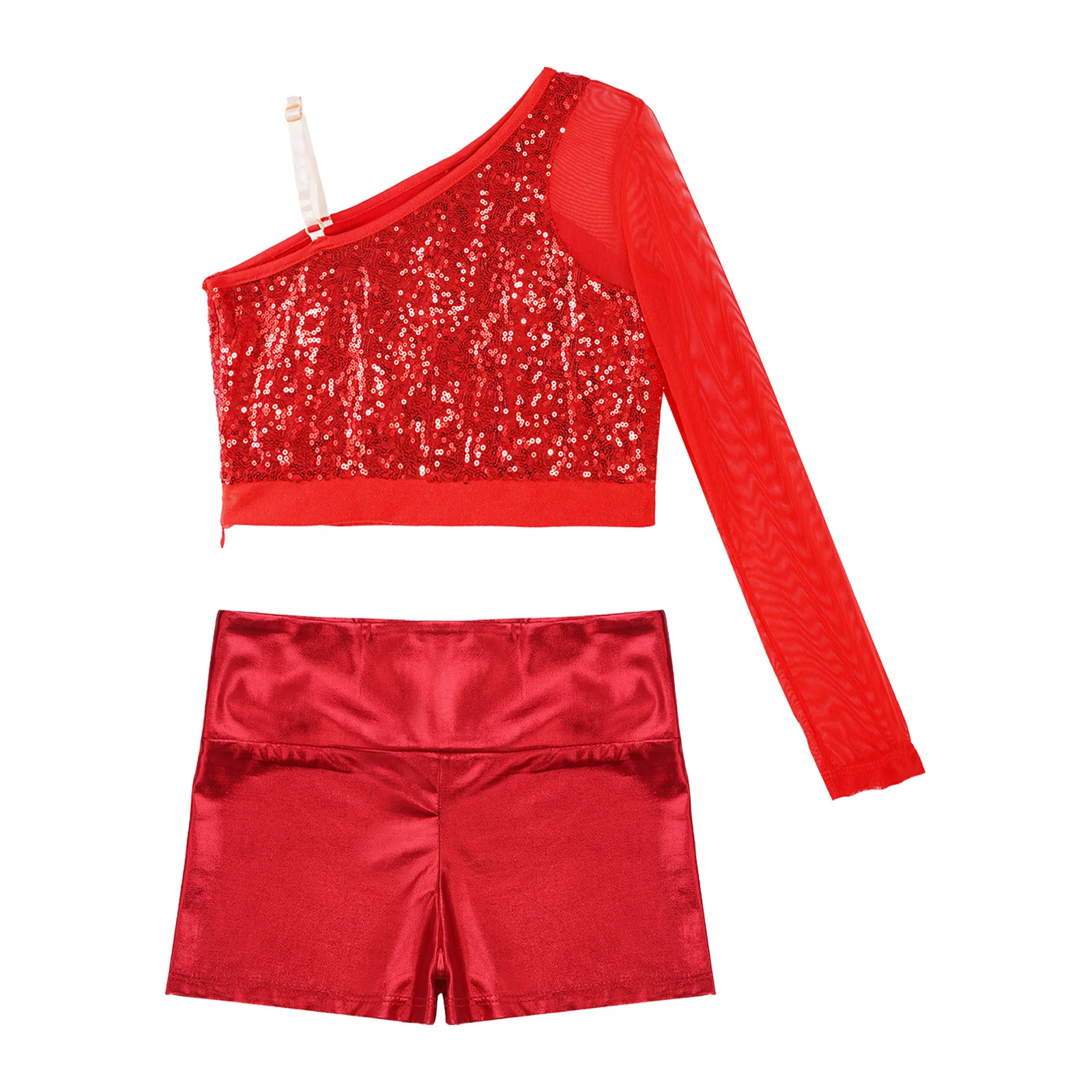 Tenue de danse à paillettes pour filles, maille transparente, manches longues, haut de danse initié, short taille haute brillant métallique, enfants