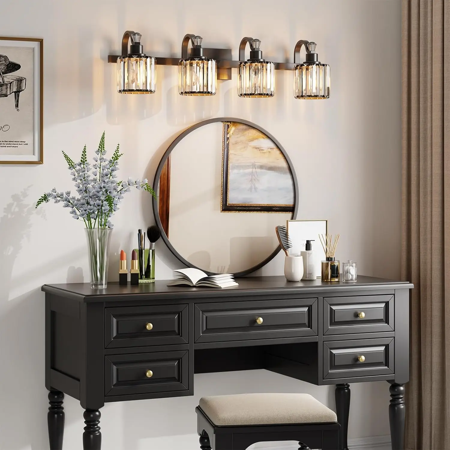 

Crystal Matte Black Bathroom Vanity Light, Modern Bathroom Vanity Light Fixtures Over Mirror, Bath Wall Lighting, E26 Base