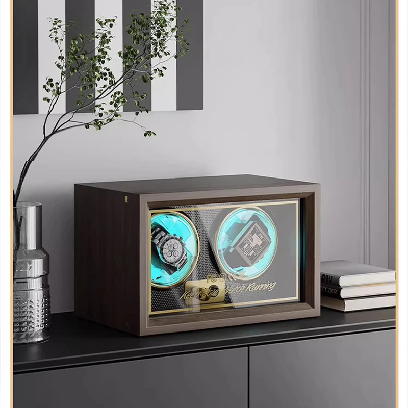 Luxury Solid Wood Veneer Wireless Lithium Battery 2slots Automatic Watch Winders Advanced Ambient Lighting Watches Storage CaseC