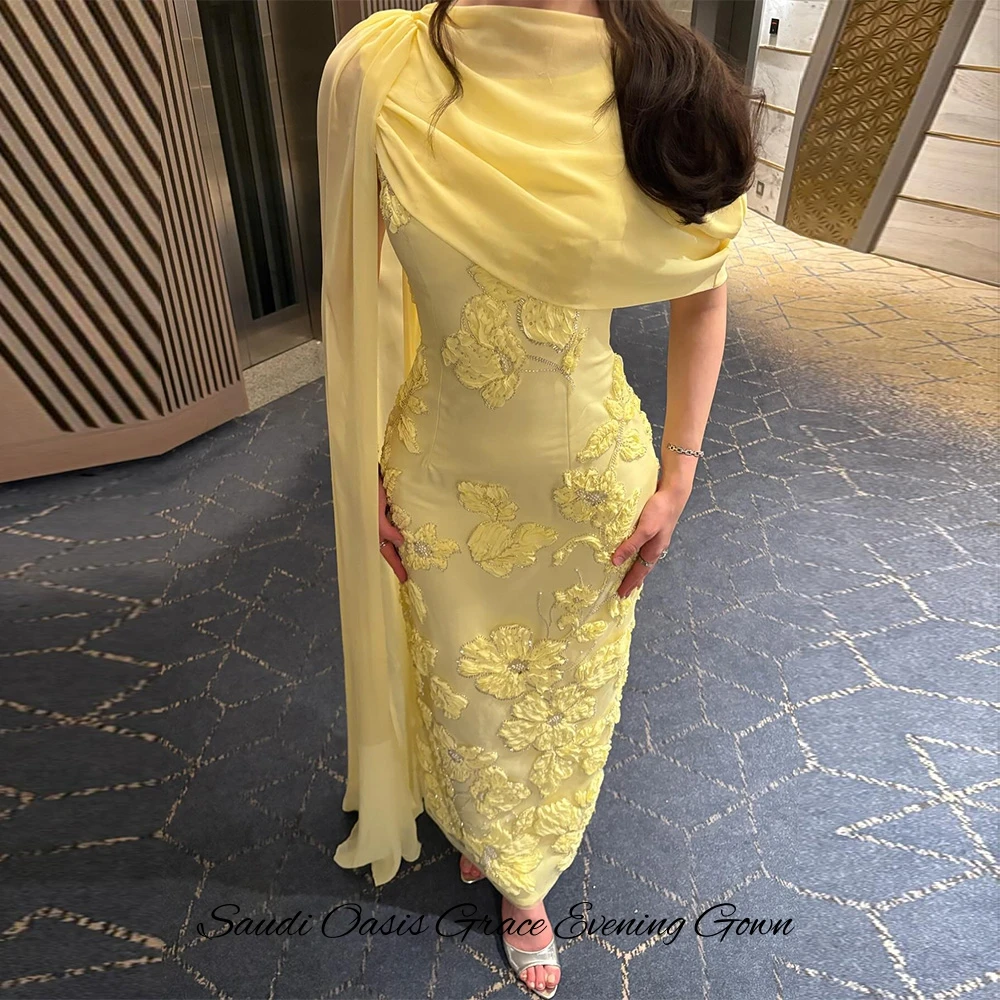 فستان سهرة شيفون أنيق رسمي مخصص برقبة دائرية بدون أكمام للحفلات الراقصة مع شال دقيق ثلاثي الأبعاد زهور حورية البحر رداء حفلات