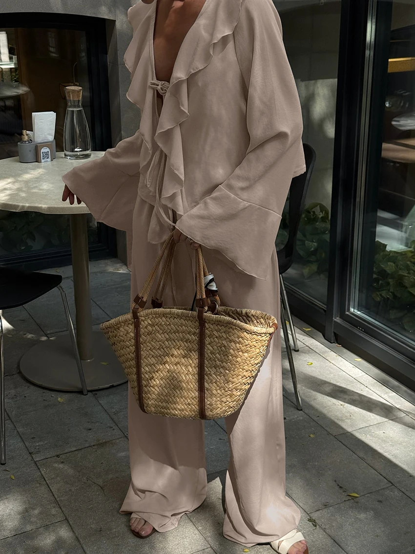 Marthaqiqi Casual Female Nightgown Suit Lace Up Pajama Long Sleeve Nightwear Sexy V-Neck Sleepwear Pants Loose Women Nightie Set