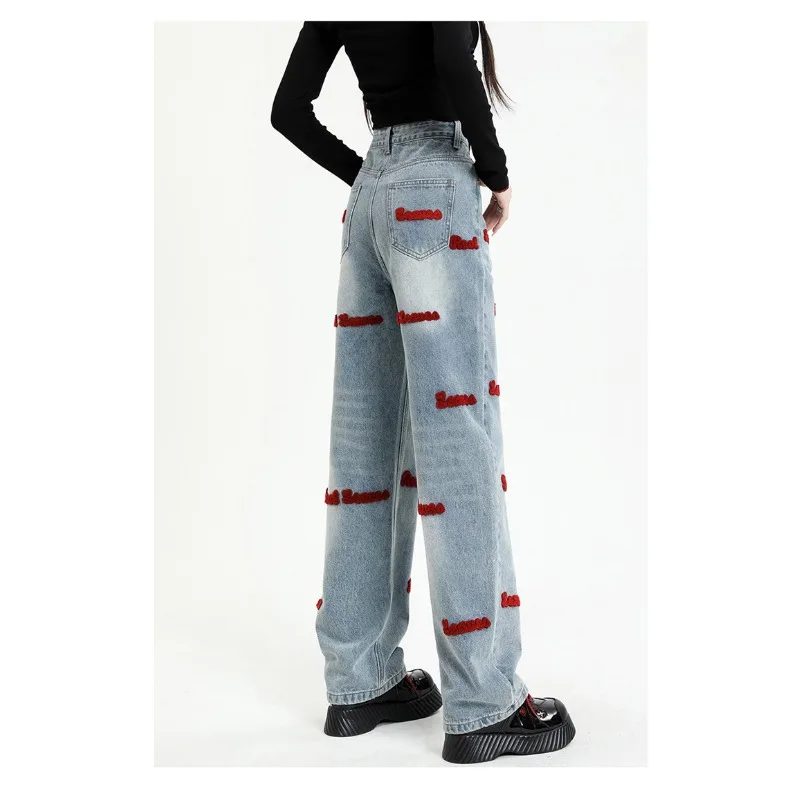 Lente 2024 Nieuwe Hoge Taille Denim Broek Dames Amerikaanse Letter Geborduurde Losse Rechte Broek Met Wijde Pijpen