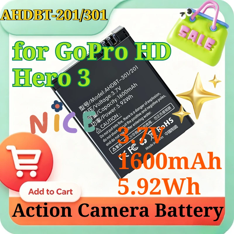 AHDBT-201/301 3.7V 1600mAh 5.92Wh Replacement Battery for GoPro HD Hero 3 Action Camera Battery Quality Accessories with Charger