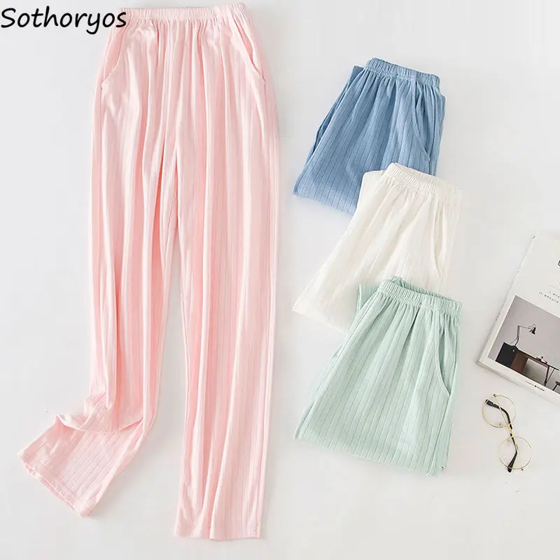 

Женские штаны для сна, простые однотонные парные брюки размера плюс 3XL, хлопковые тонкие дышащие прямые брюки, одежда для сна, повседневная эластичная талия