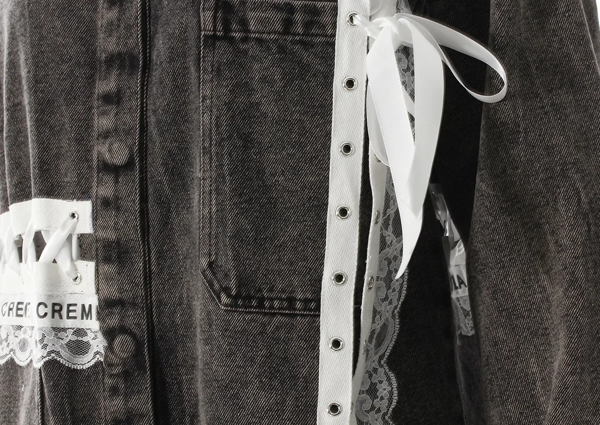 2023 frühjahr Neue Süße Retro Gurtband Spitze Spleißen Raue Kante Gewaschen Alte Lose Denim Hemd Jacke Frauen Denim Jacke
