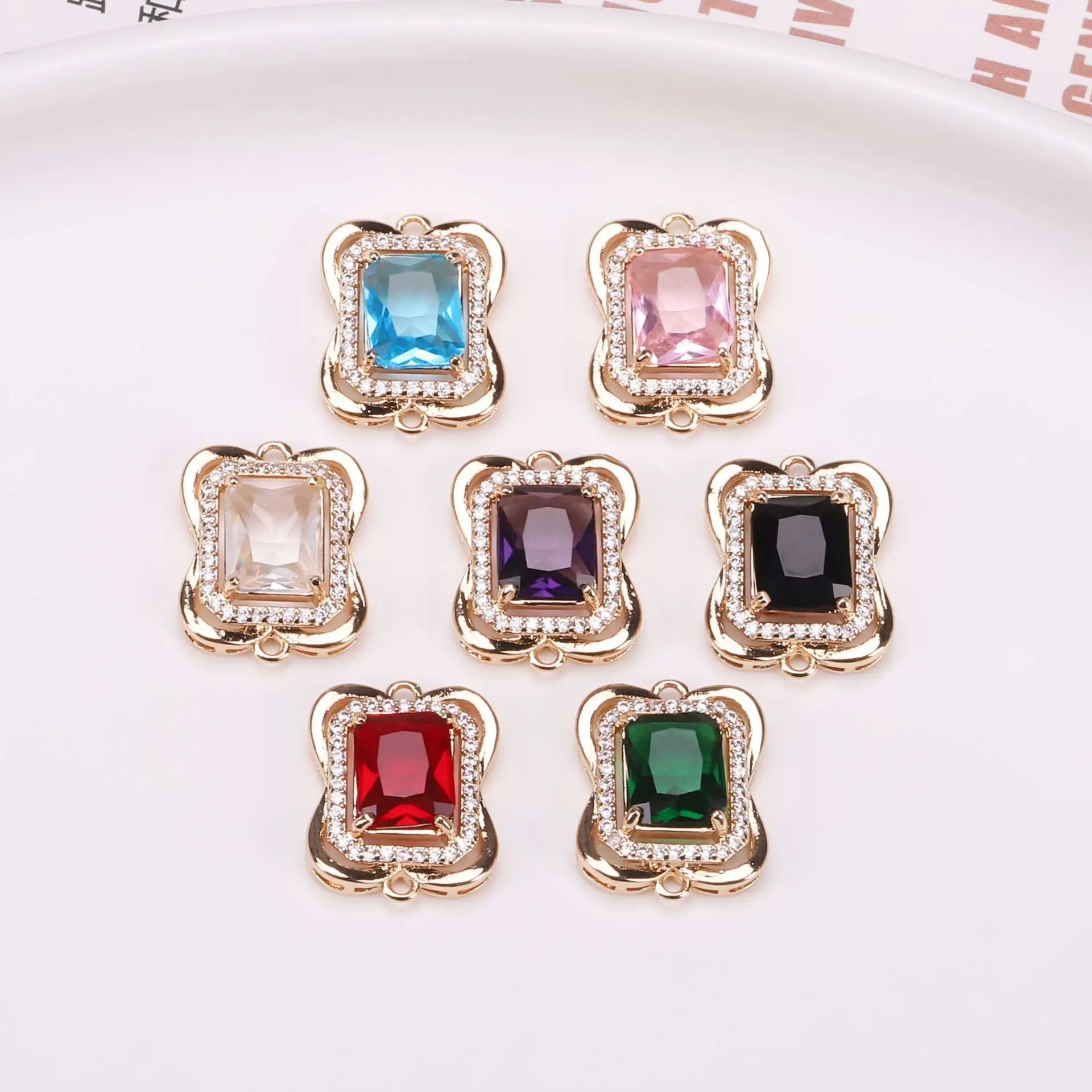 10pcs/ Bag DIY accessory rectangular double ring connector colored copper micro inlaid zircon crystal pendant