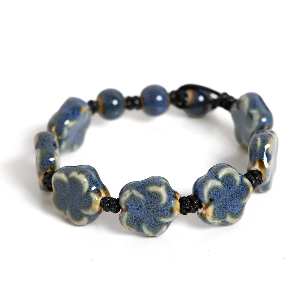 Handmade Ceramic Flower Bracelet 16–18cm Adjustable Cord Jewelry with Pink or Purple Glazed Beads for DIY Boho Style S02-057 view 3