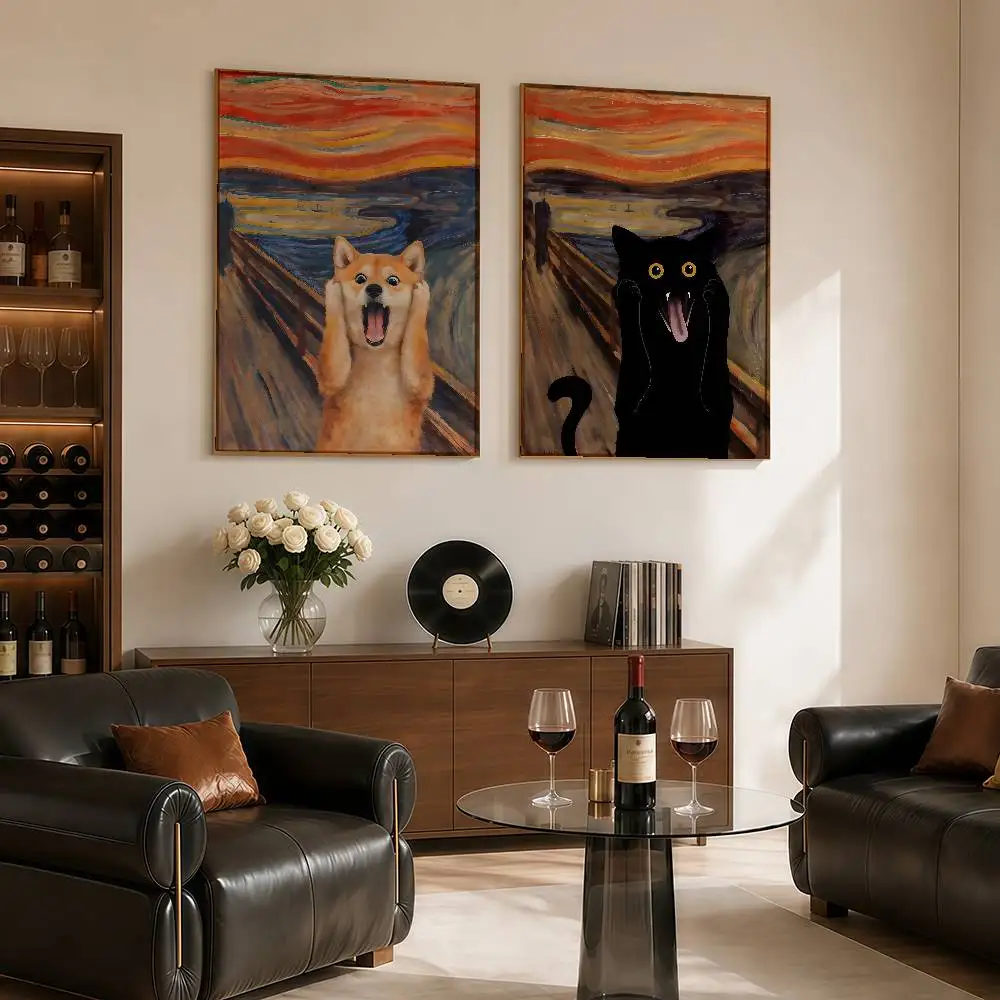 Funny Animal Scream Poster Classic Art Parody Pet Wall Art Cat Dog Fox Raccoon Print Home Decor Gif