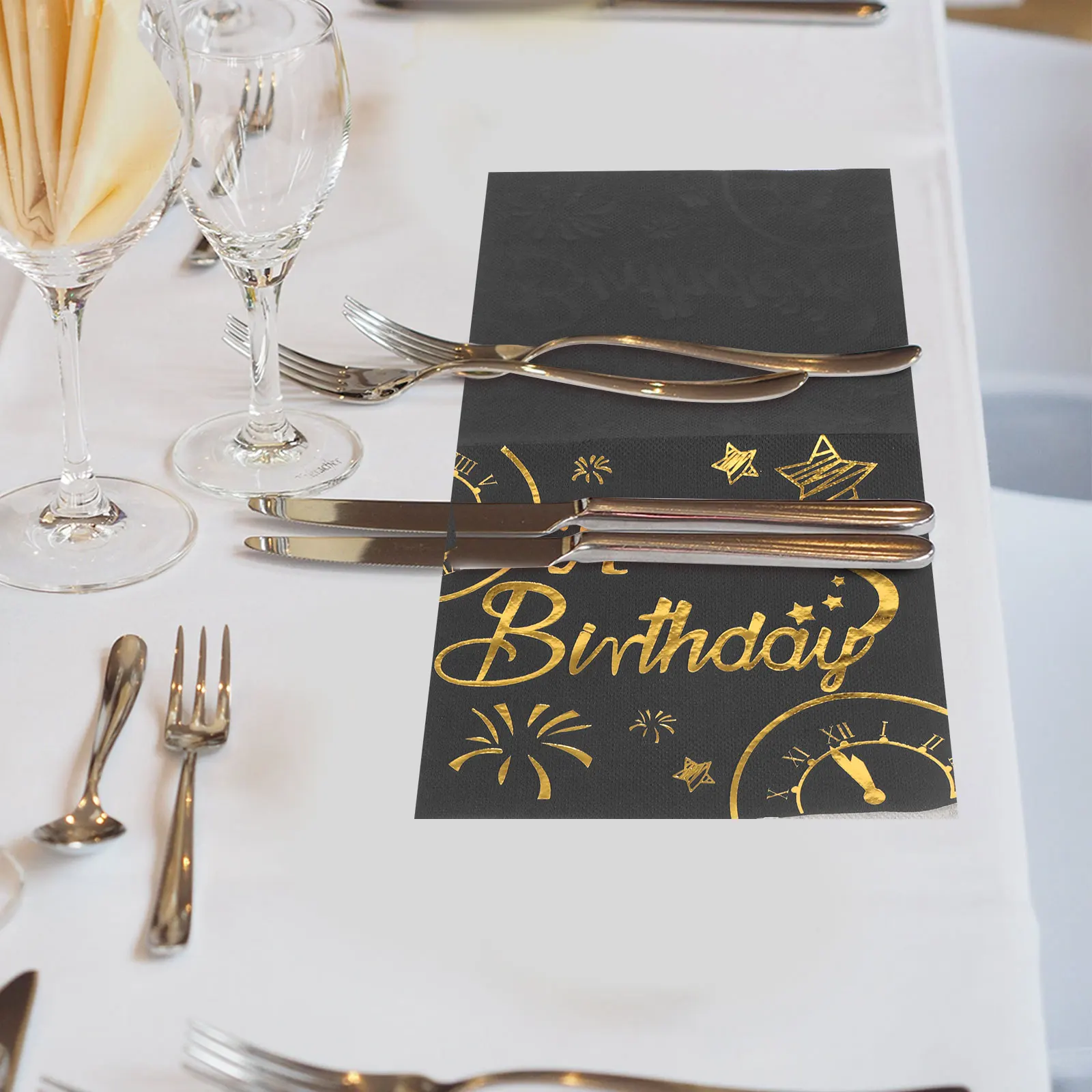 

50 Pcs Napkins Black Gold Foil Disposable Paper Happy Birthday Dinner Napkins Dinner Towels Party Supplies Kids Cake
