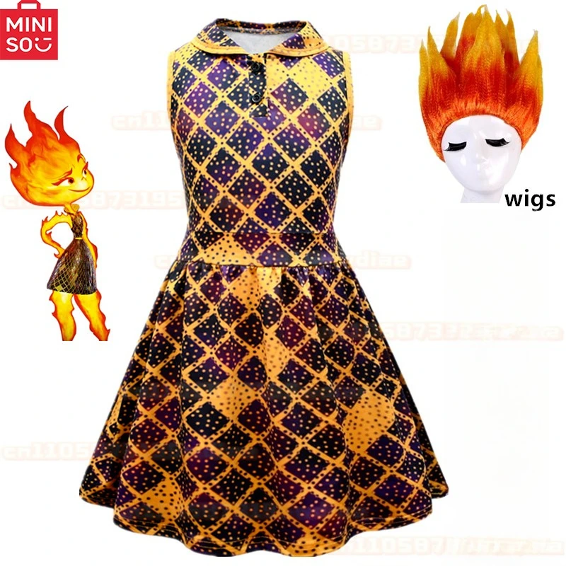 

Halloween Elemental Costume Girls Ember Fire Cosplay Princess Dress wig Cartoon Crazy City Game Clothing for Kids Birthday Gifts