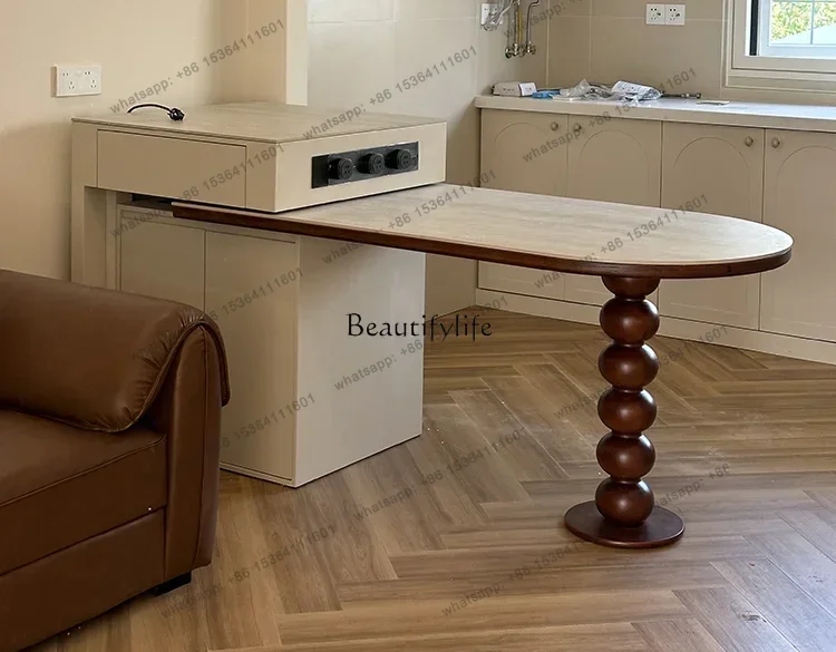 D30*French Antique Style Retractable Kitchen Island Dining Table Integrated Arc Cave Stone Stone Plate Dining Table