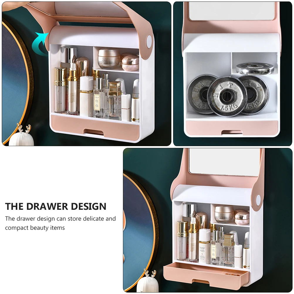 

Makeup Storage Box Holder Mirror Organizer ABS Plastic Large Space Wall Mount Beauty Brush Storage Container
