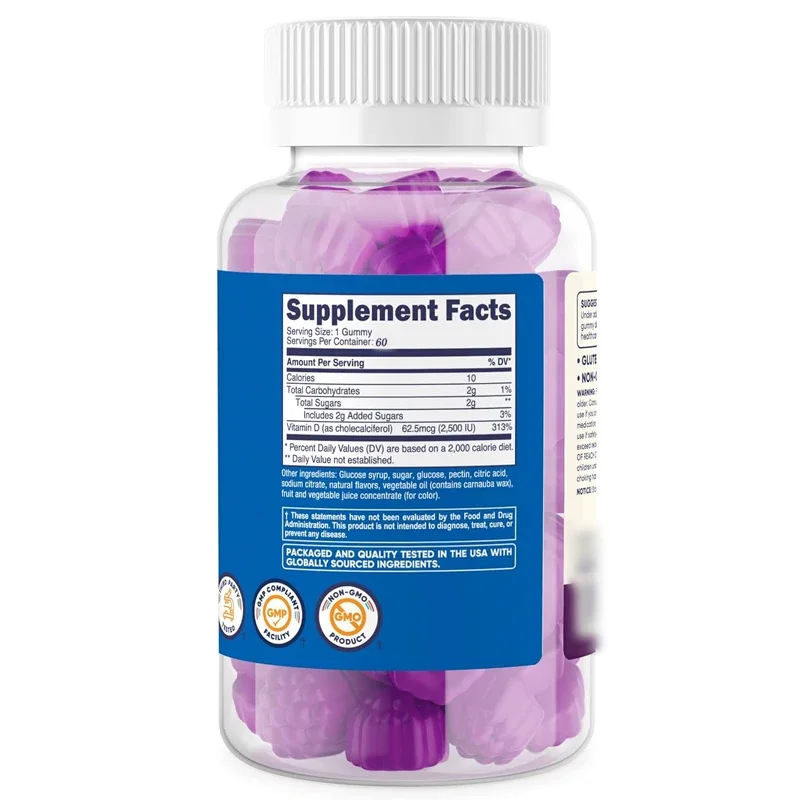 Children's Vitamin D3 2500 IU 60 Capsules Vegetarian Gummies Mixed with Fruit Flavored Low Sugar Bones and Immune Support