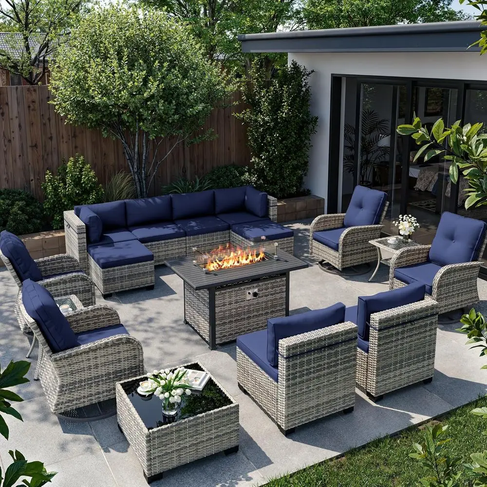 

16-Piece Navy Blue Outdoor Patio Furniture Set with Swivel Rocking Chair, Wicker Sectional Sofa, 55,000 BTU Fire Pit, Ottomans