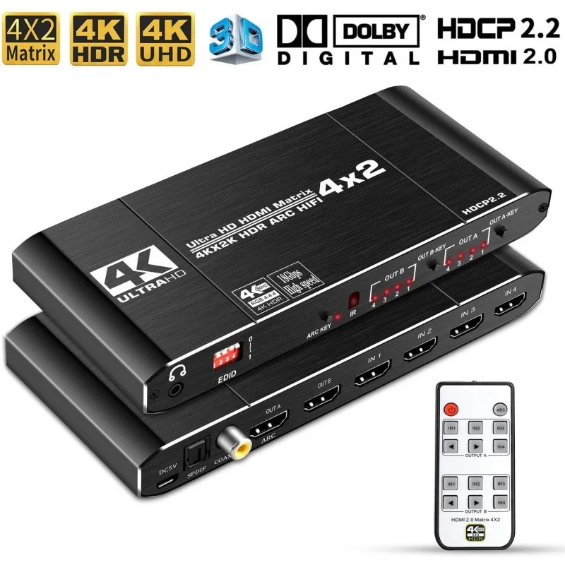 HDMI-совместимый матричный переключатель 2,0, разветвитель 4x2, 4K60 Гц, HDR UHD, 18 Гбит/с, ARC, аудиоэкстрактор, SPDIF, коаксиальный 3,5 мм, EDID HDCP2.2
