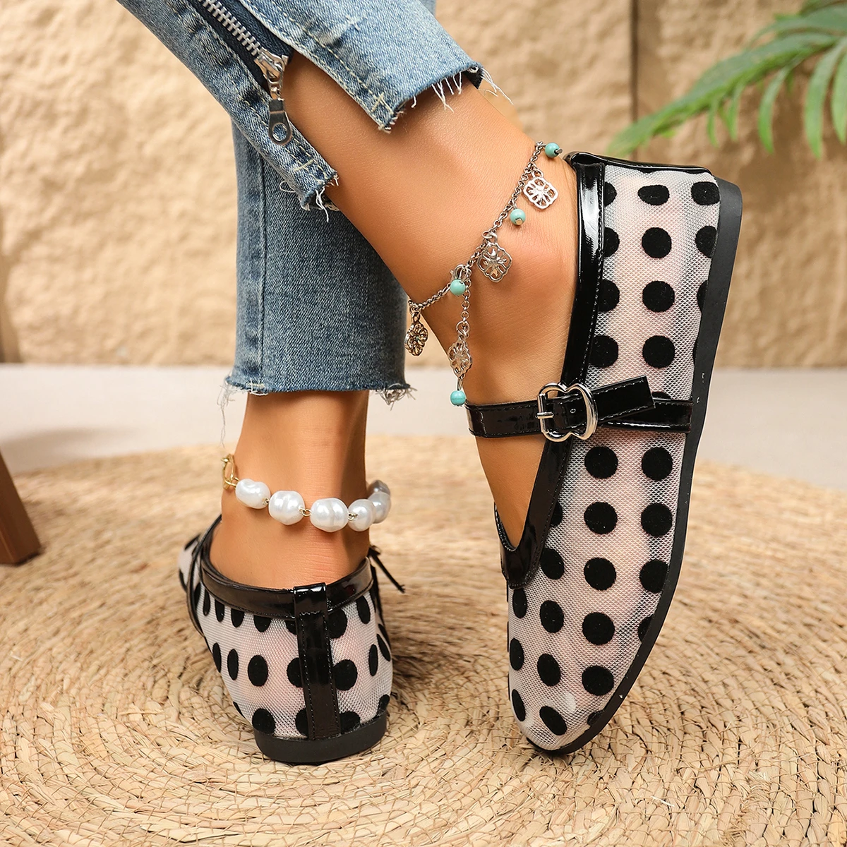 2026 Damen Ballerinas mit Netzstoff und Polka Dots, Vintage Mary Jane Schuhe mit runder Zehenpartie, Übergrößen Damenschuhe Größe 36-43 – Detail 21