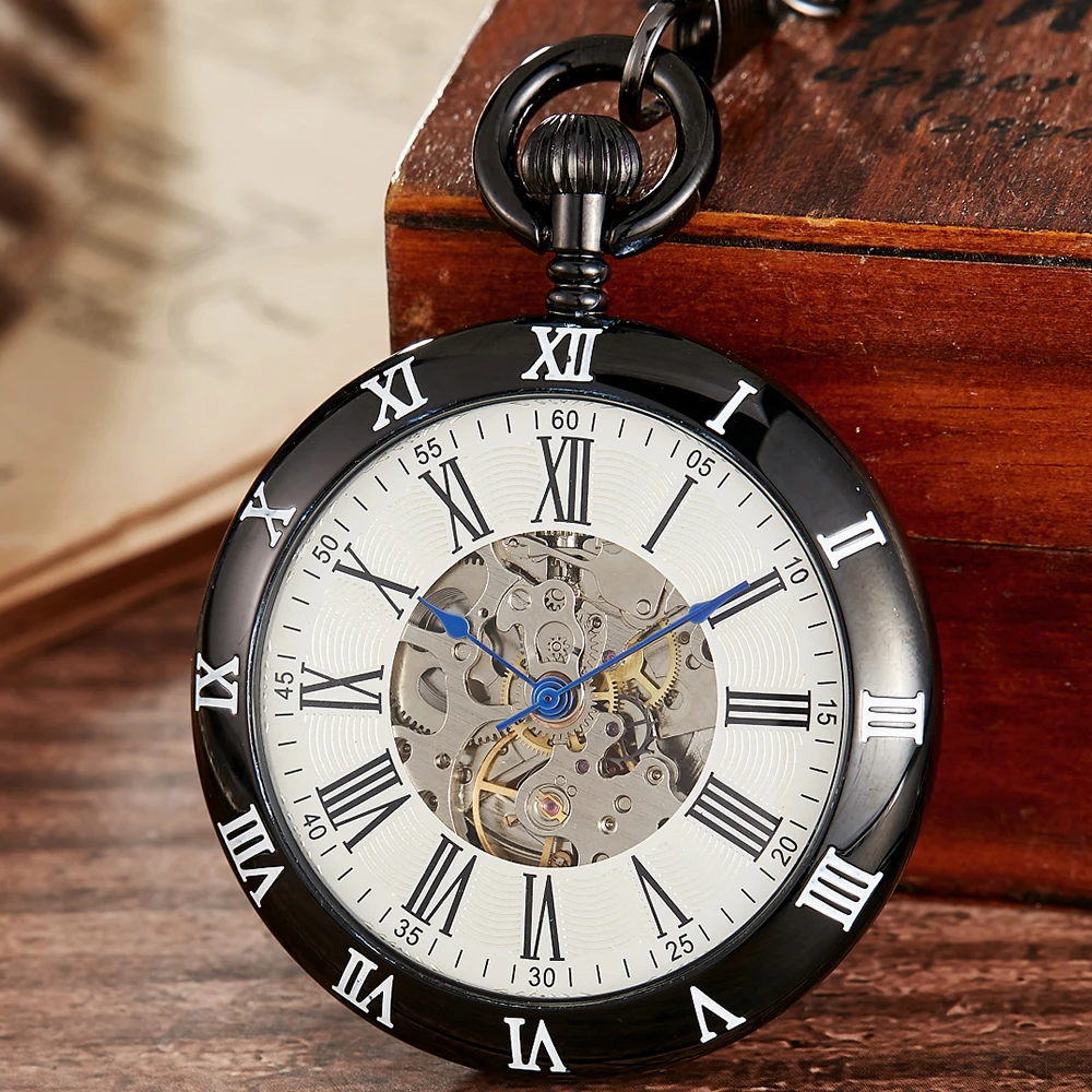 Luxury Men's Mechanical Pocket Watch Roman Numerals Dial High Quality Case Fob Chain Luminous Clock for Men Dropshipping