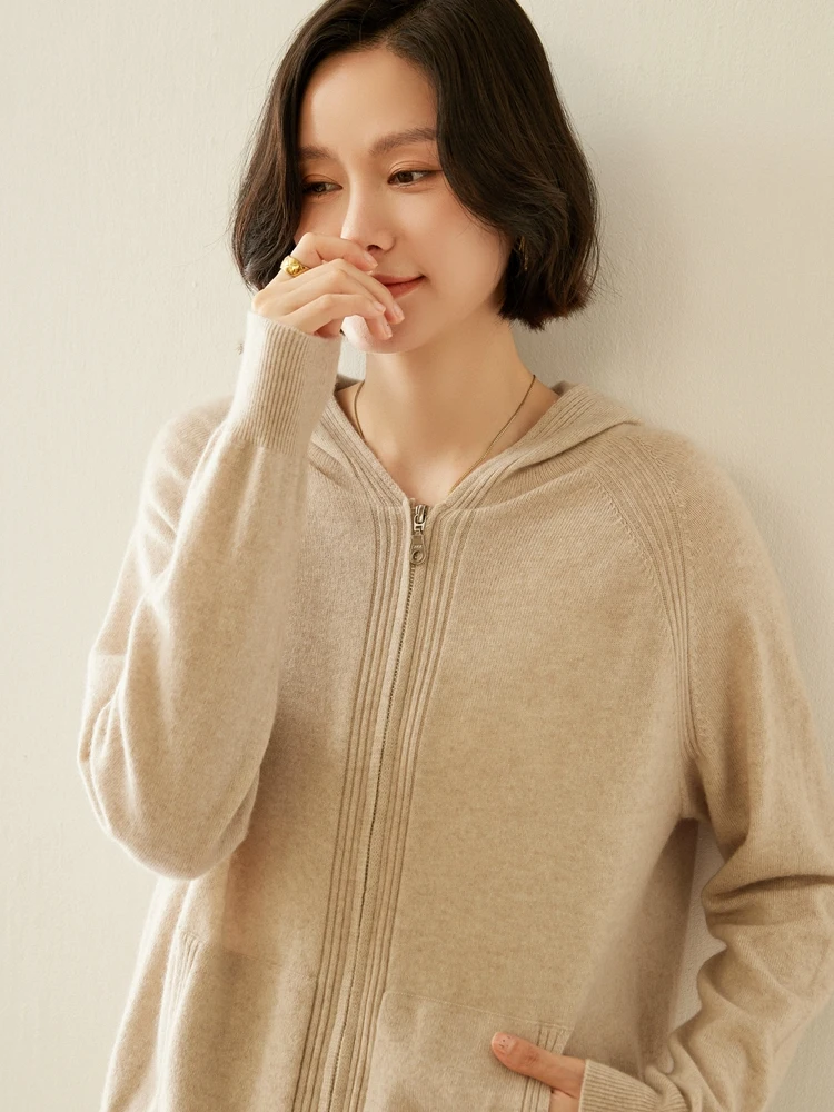 MEETCC 秋冬女性フード付きカーディガン 100% カシミヤセーターパーカーカジュアルカシミヤニット女性の高級ジャケット韓国トップ