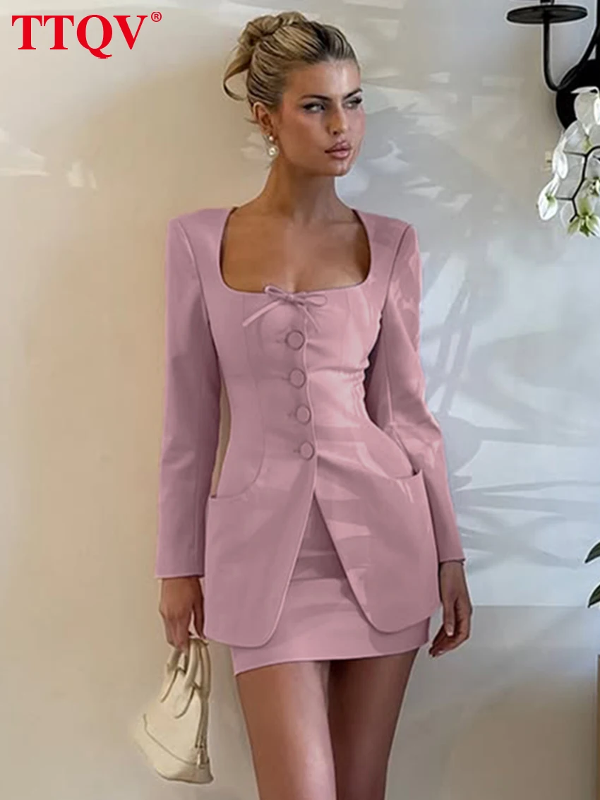 

TTQV Sexy Slim Pink Office Women's Two Pieces Set 2026 Fashion Long Sleeve Shirt With High Waist Mini Skirt Set Female Clothing