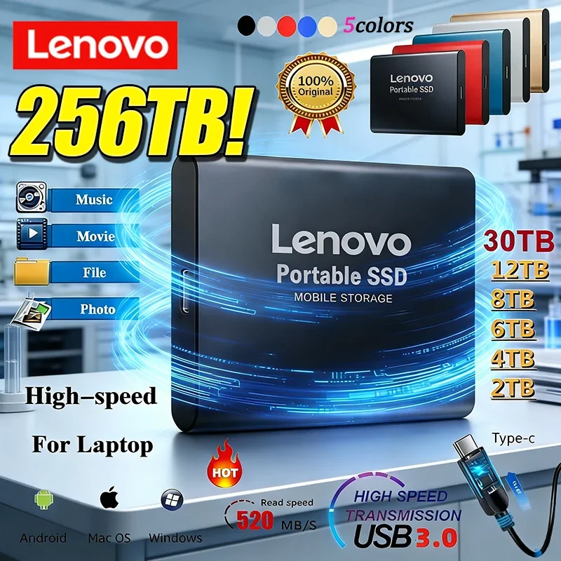 

Внешний твердотельный накопитель Lenovo 1 ТБ, высокоскоростной жесткий диск 2 ТБ, портативный SSD USB 3.1 256 ТБ, 128 ТБ для ПК/ноутбука/Mac/телефона