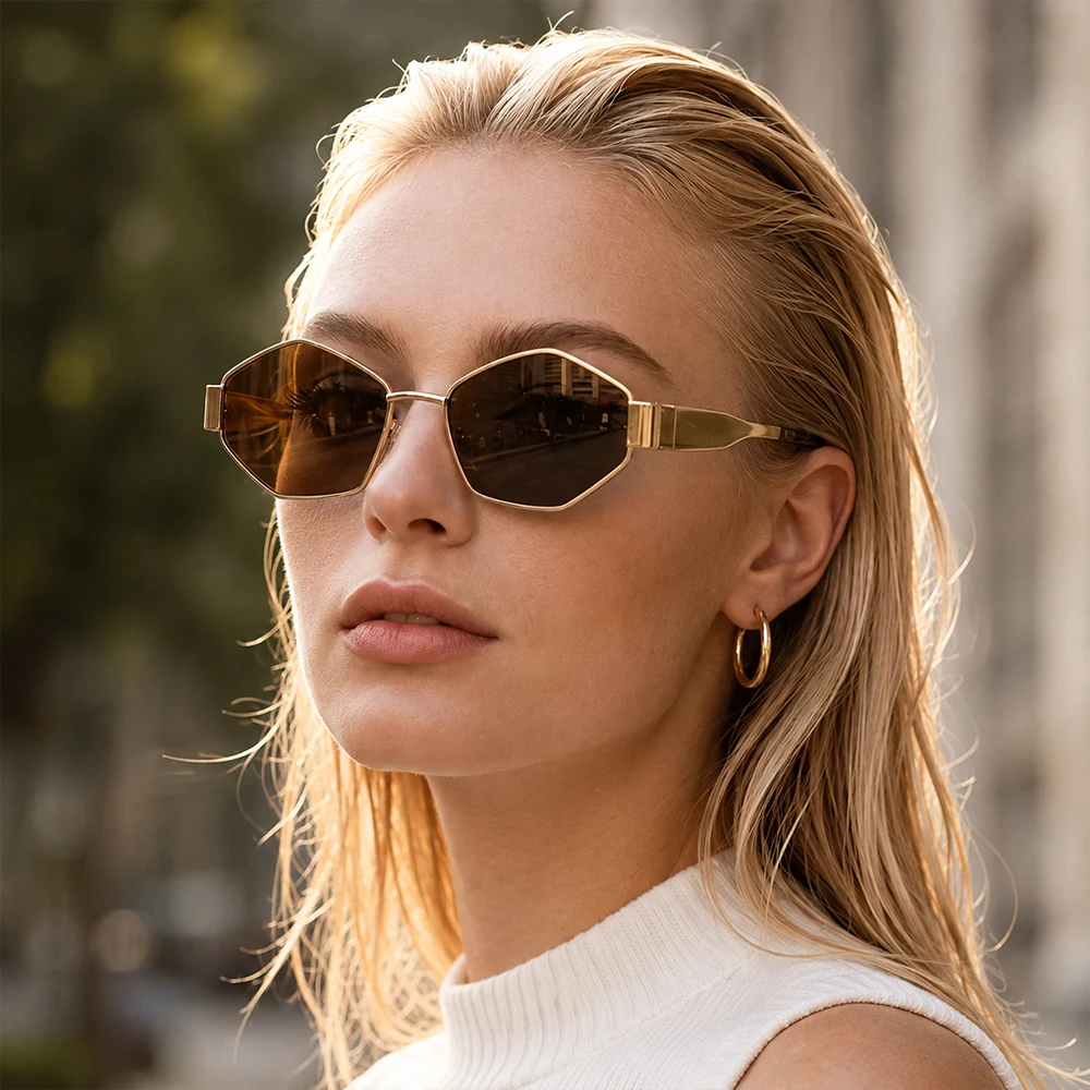 Fashion Hexagon Sunglasses Women Men Vintage Metal Frame Geometric Polygon Sun Glasses Retro Designer UV400 Eyewear Shades
