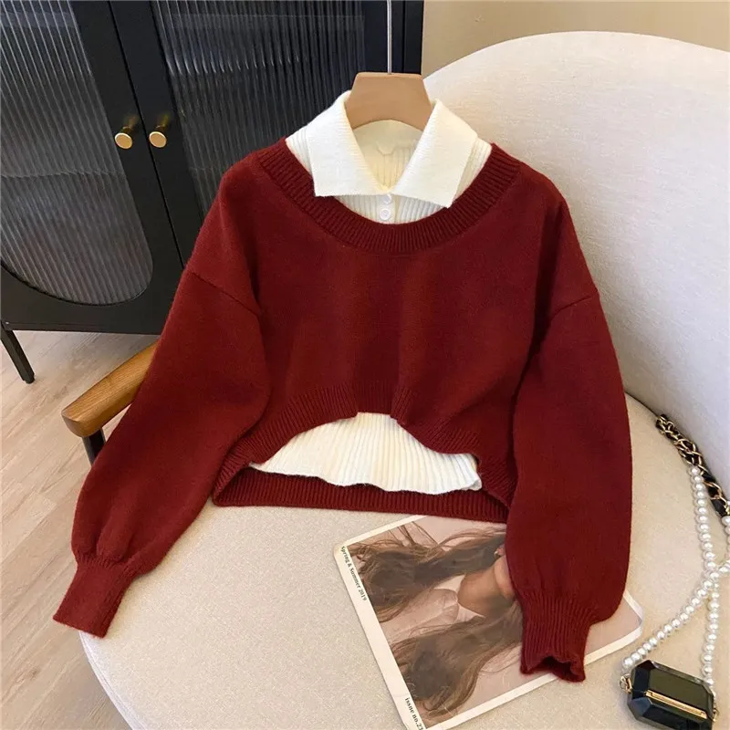 College style women's short POLO neck sweater 2026 autumn winter explosions pullover high waist two-piece Female knitwear top