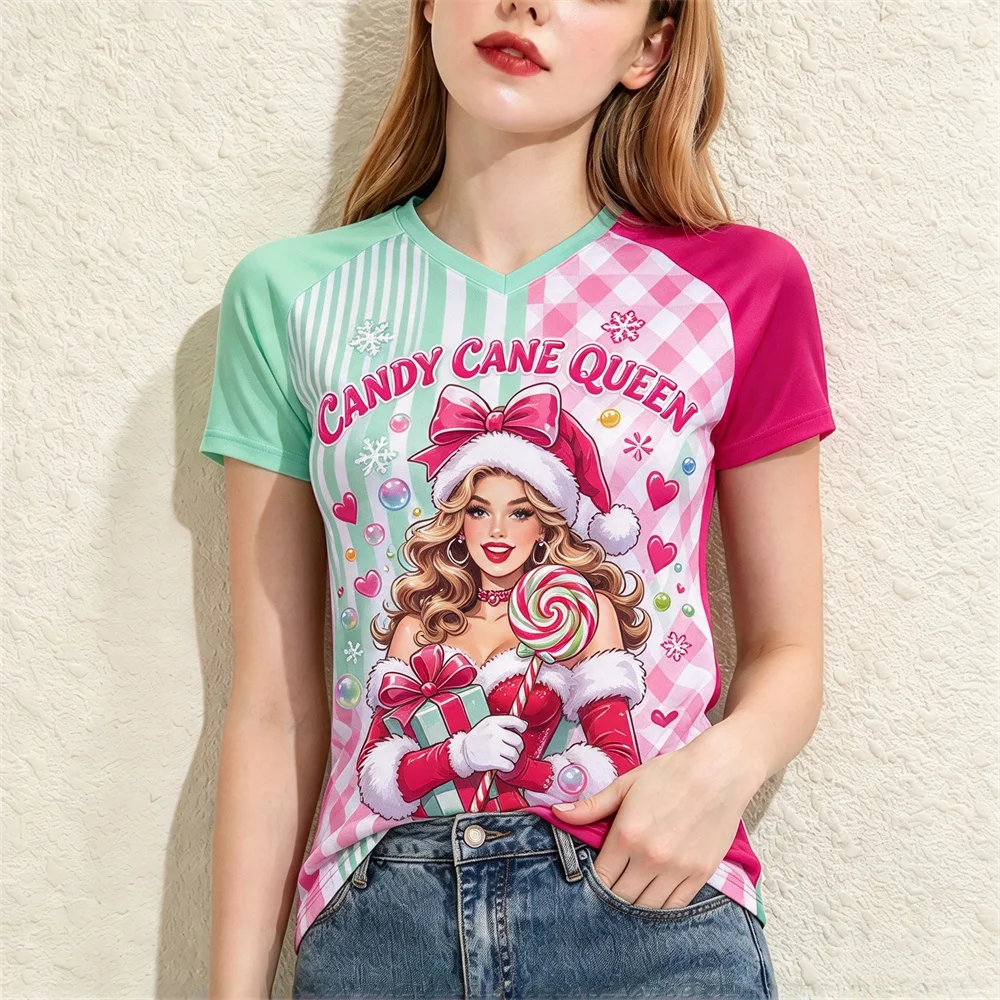 Christmas Ladies V Neck Short Sleeve T Shirt Santa Lady Graphic Women's T-shirts Tee Holiday Christmas Clothing Gift For Ladies