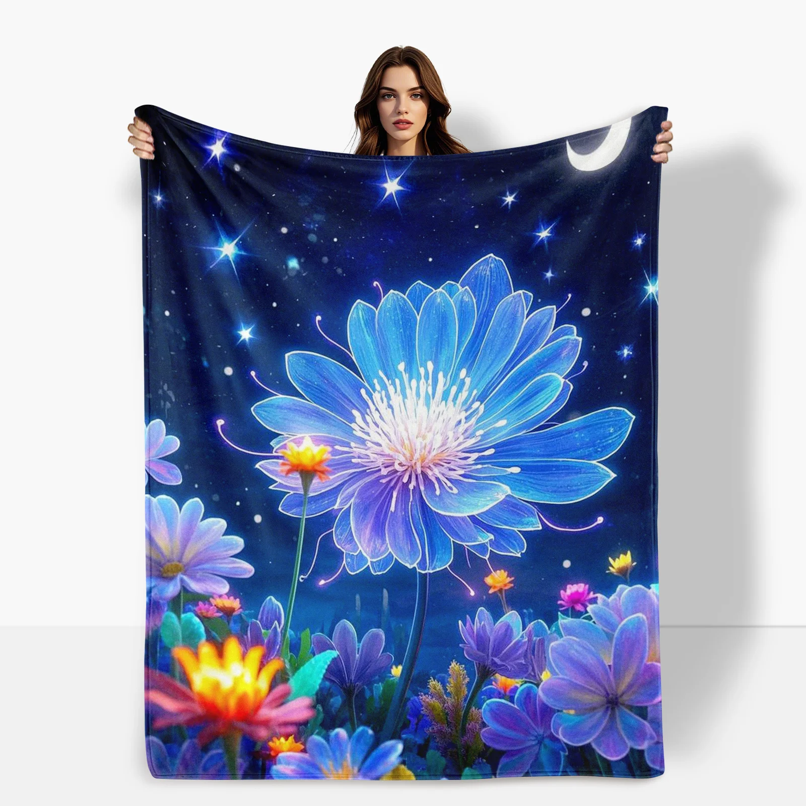 Flores encantadas azul céu estrelado cobertor sonhador xadrez lance para decoração de casa única ideia de presente quente caprichoso design celestial