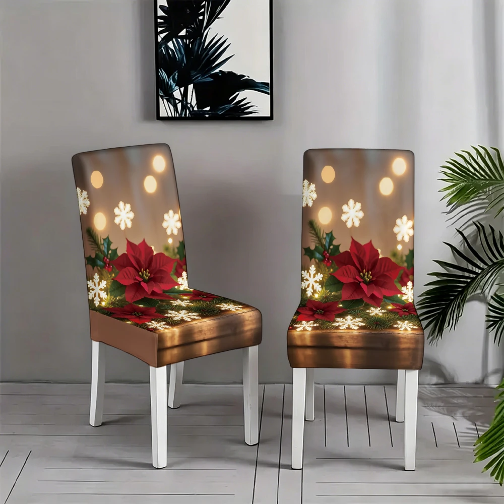 Poinsettia Pine Branch Bokeh Light Back Print Dining Chair Slipcover Stretch Christmas Chair Cover