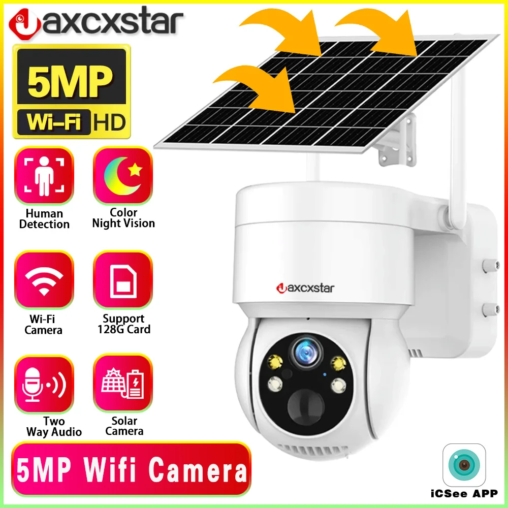 

Solar Panel Wifi Camera HD 5MP Outdoor PTZ With Rechargeable Battery PIR Motion Detection Audio 100% Wireless Security IP Camera