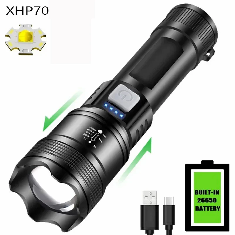 

E2 Powerful P70 Led Flashlights Ultra Bright Tactical Light Emergency Spotlights Telescopic Zoom Working Light Built-in Battery