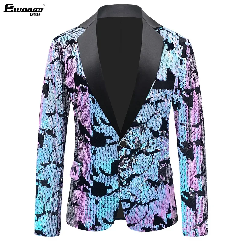 

HOO 2024 New Men's Velvet Sequined Suit Jacket Host Singer Gradient Color Performance blazer