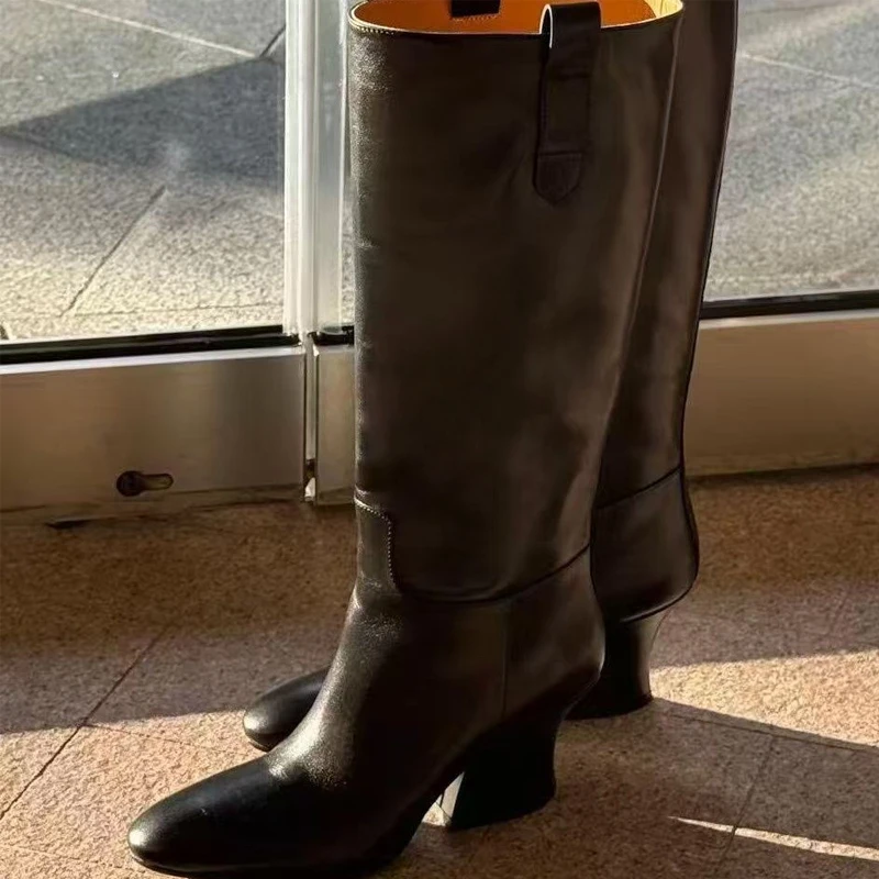 Women Black Pointed Toe Chunky Block Heel Tall Riding Boots Vintage High Heel Knee High Boots Western Cowboy Long Boots