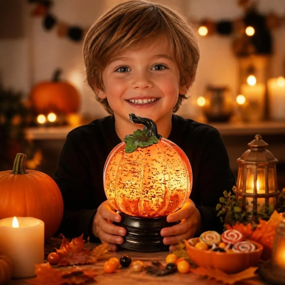 Resin Glitter Pumpkin Table Lamp Retro Creative Glowing Pumpkin Decorative Light Vintage Glitter Sequins Halloween Ornaments