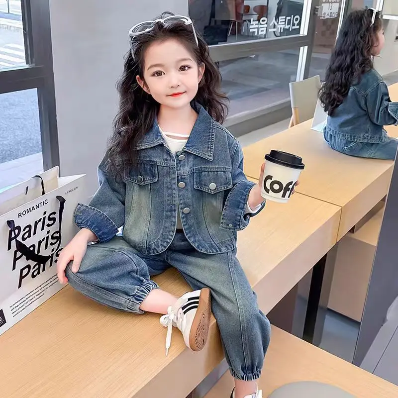Korean Clothes for Children Spring Autumn New Girls' Loose Fashion  Denim Jacket Pants Kids Casual Top Jeans 2 Pcs Set