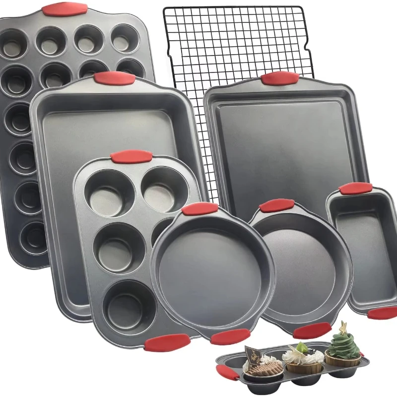 

9-Piece non-stick carbon steel kitchen oven baking tray set with silicone handle, various oven trays